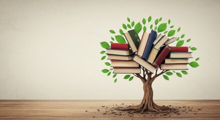Stack of Books Arranged As Tree with Green Leaves Concept