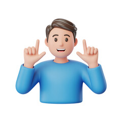 Cartoon man pointing upwards with both hands in a 3d rendering style