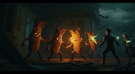 Children Confronting Spooky Creatures in Front of Haunted House at Night