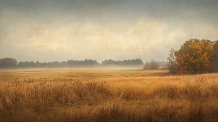 Fototapeta premium Photo of a field in autumn, a misty morning, with large wheat fields and distant trees. The warm tones and soft focus create a vintage-inspired aesthetic.