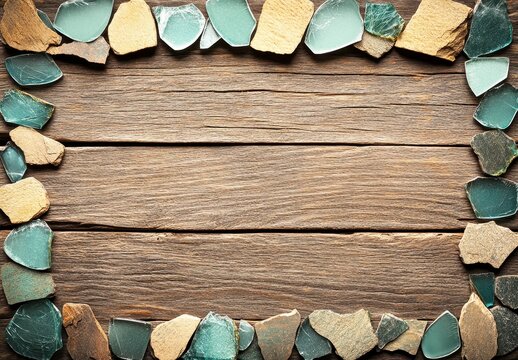 Sea Glass Frame on Rustic Wooden Background