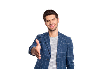 Portrait of cheerful man shake hand greet person wear checkered plaid look blazer jacket isolated...