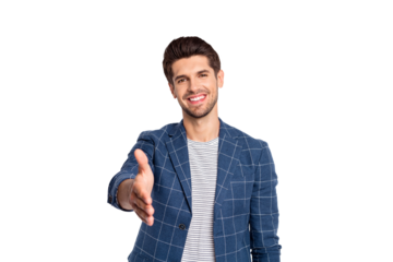 Portrait of cheerful man shake hand greet person wear checkered plaid look blazer jacket isolated white background