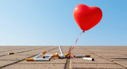 Giving Up Smoking Heart Balloon and Cigarettes Concept on Pavement