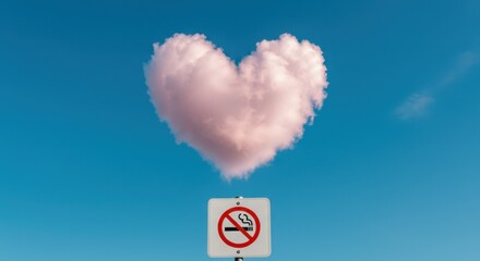 Heart Shaped Cloud Over No Smoking Sign in Blue Sky