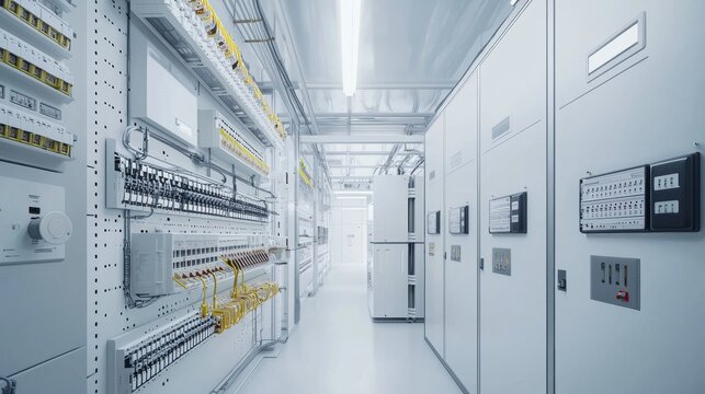 Modern electrical control room with advanced equipment in a well-organized facility