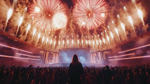 Illuminated Celebration: A vibrant display of fireworks erupts above a large crowd, illuminating a concert stage in a captivating scene of revelry. 