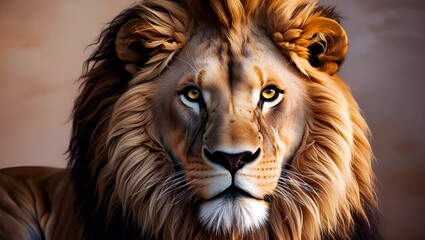 Naklejka premium Portrait of a proud lion with intense gaze and a thick, luxurious mane. A powerful and noble wildlife depiction