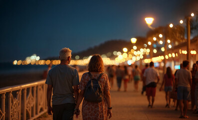 Evening walk along a festive promenade by the sea