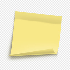 Vector yellow note paper isolated on transparent background. Realistic sticky note. Mockup of note paper for design.