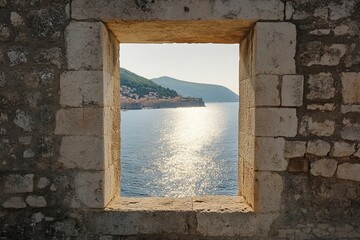 Photo of a scenic view on ancient walls and cityscape in Dubrovnik, Croatia, overlooking the Adriatic Sea, on a sunny summer day.
