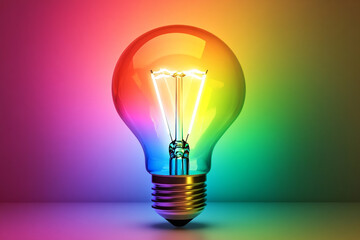 Vibrant Light Bulb with Rainbow Colors on Gradient Background. Generative AI.