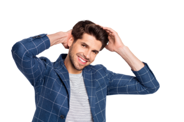 Portrait of charming virile guy fix his haircut touch hairstyle wear blue outfit blazer jacket isolated over white background