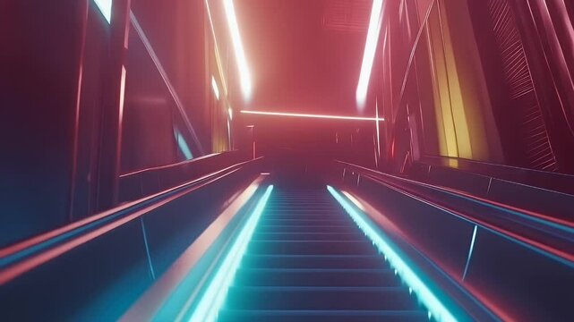 Futuristic escalator with neon lights in modern interior. Technology concept