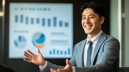 プレゼンやスピーチで聴衆に向かって話す日本人男性（講演・会社員・講師・起業・教育）