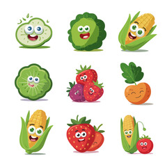 A collection of nine cute, smiling cartoon fruits and vegetables.