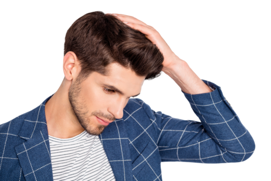 Profile side photo of pretty man fix his haircut touch hairdo wear checkered plaid blazer jacket isolated over white background