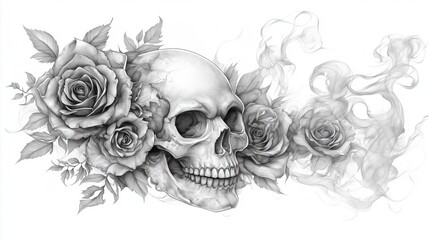 Fototapeta premium Skull and roses with smoke black and white art