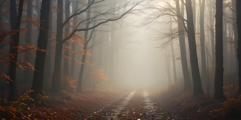 Obraz premium Mist-covered meadow path with wildflowers and tall pine trees