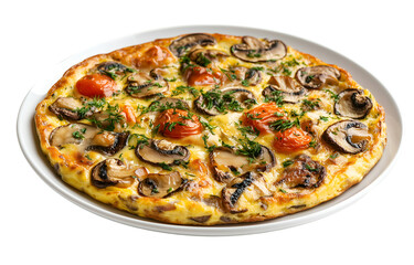 Gourmet Mushroom Omelette: A mouthwatering view of a beautifully crafted omelette, brimming with fresh mushrooms, vibrant tomatoes, and delicate herbs, served on an elegant plate.
