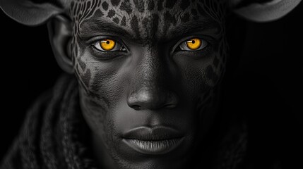 Black-skinned humanoid giraffe with yellow eyes and tribal patterns