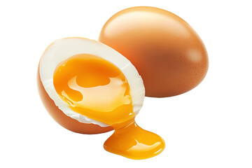 Whole brown eggs and cracked egg with yolk spilling out eggshell, isolated on white transparent background. Concept of Easter, food, fertility, and organic nutrition