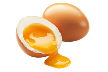 Whole brown eggs and cracked egg with yolk spilling out eggshell, isolated on white transparent background. Concept of Easter, food, fertility, and organic nutrition