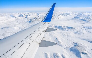 Airplane Wing Over Snowy Mountain Range Aerial View