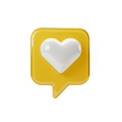A yellow 3D Render speech bubble with a glossy white heart icon isolated background 02