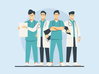 Group of male doctors and nurses charcters,. Saving Lives Together. Medical team, hospital staff, medical healthcare team