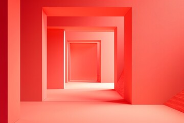 Abstract Red Hallway with Geometric Shapes