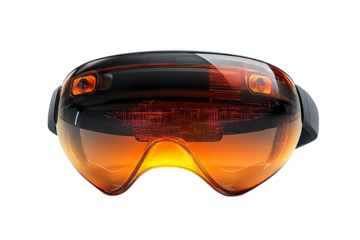 Futuristic augmented reality glasses with orange lenses, isolated on a white background.