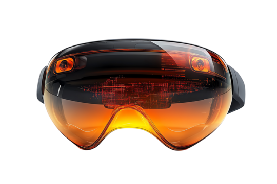 Futuristic augmented reality glasses with orange lenses, isolated on a white background.