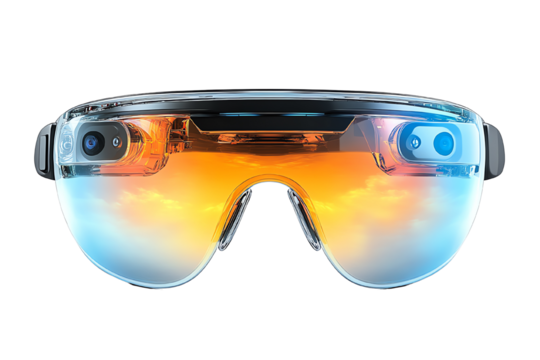 Futuristic augmented reality glasses with vibrant lenses, showcasing innovation in wearable technology on a white isolate background.