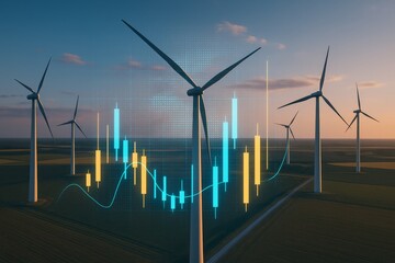 Wind turbines in field with glowing financial graph overlay, symbolizing green energy investment.