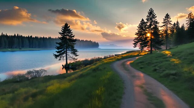 there is a dirt road going down a hill next to a lake