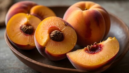 Fresh peaches cut in half showcasing juicy flesh on a rustic wooden plate indoors in warm lighting during summer season Generative AI