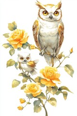 Fototapeta premium White and Brown Owl with Owlet Perched on Yellow Roses Branch