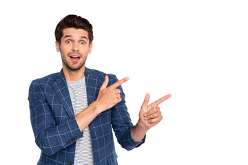 Portrait of his he nice attractive cheerful cheery glad amazed stunned businessman hr top manager...