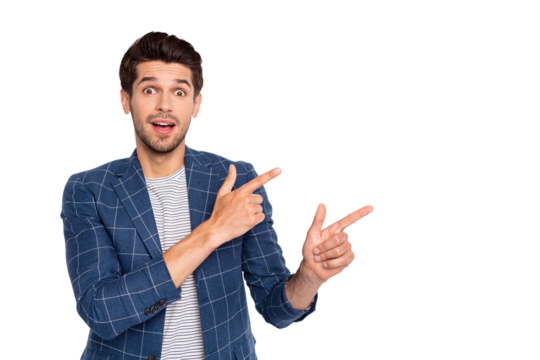 Portrait of his he nice attractive cheerful cheery glad amazed stunned businessman hr top manager wearing checked blazer showing copy space advert ad isolated over light white pastel background