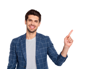 Portrait of his he nice attractive cheerful cheery glad content successful businessman hr wearing checked blazer showing copy space follow subscribe isolated over light white pastel background