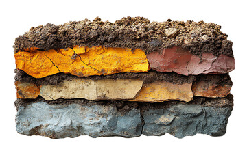 Layered soil texture showcasing rich colors and various sediments on a white isolated background.