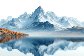 Majestic snow-capped mountains reflected in a serene lake under a clear sky, surrounded by autumn foliage.