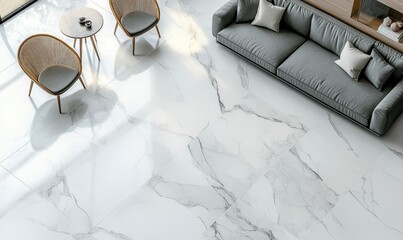 Elegant Living Room Featuring Gray Sofa and Marble Floor with Stylish Furniture