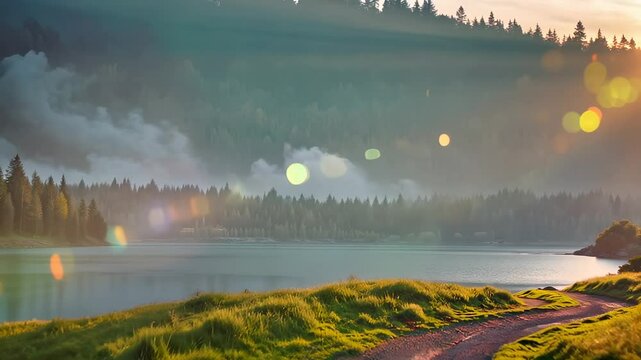there is a dirt road that is next to a lake