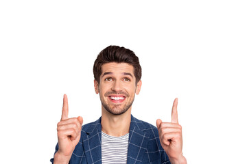 Close-up portrait of his he nice attractive cheerful cheery dreamy businessman agent broker wearing...