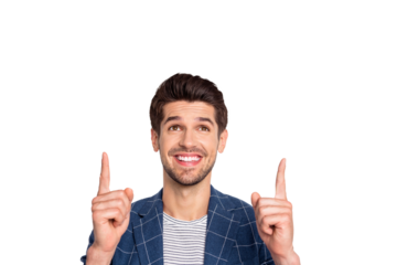 Close-up portrait of his he nice attractive cheerful cheery dreamy businessman agent broker wearing checked blazer pointing up copy space ad decision isolated over light white pastel background