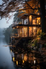 Fototapeta premium Riverside house nighttime cozy tranquil home