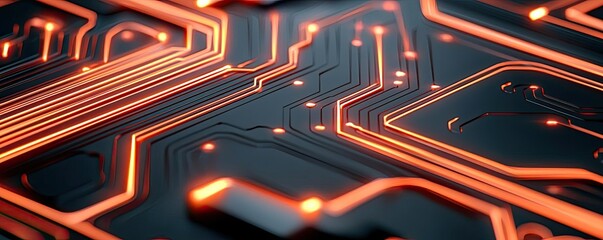 Lights of glowing fiber optic cables with advanced technology concept. Close-up of a circuit board with glowing orange lines and patterns.