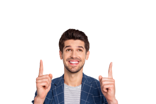 Close-up portrait of his he nice attractive cheerful cheery dreamy businessman agent broker wearing checked blazer pointing up copy space ad decision isolated over light white pastel background